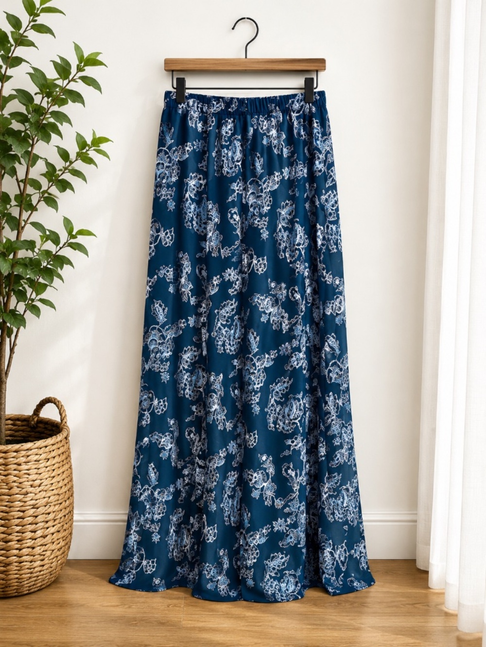 Blue Floral Maxi Skirt Boho Cottagecore Flowy Elastic Waist